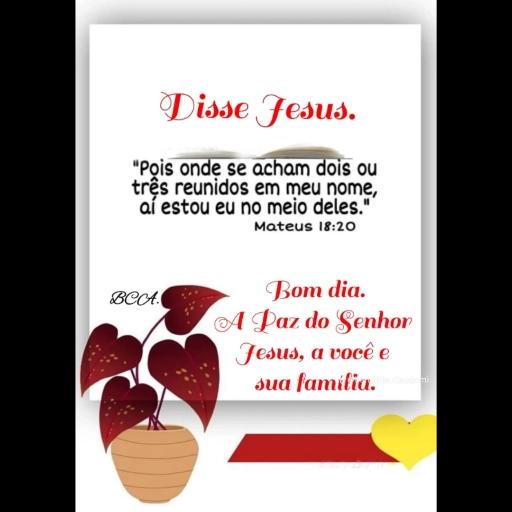 Disse Jesus. "Pois onde se acham dois ou três reunidos em meu nome, aí estou eu no meio deles." Mateus 18:20 BCCA. Bom dia. A Paz do Senhor Jesus, a você e sua familia.