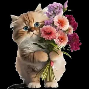 A cute cat is holding a bouquet of flowers. - getsticker.com