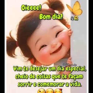 Oieee! Bom dia!  Vim te desejar um dia especial, cheio de coisas que te façam sorrir e comemorar a vida. - getsticker.com