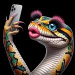 Snake with pink lipstick and fake eyelashes taking a selfie with a smartphone
