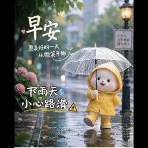 早安 愿美好的一天 从微笑开始 ♥愿你 今天拥有 好心情。 下雨天 小心路滑 - getsticker.com