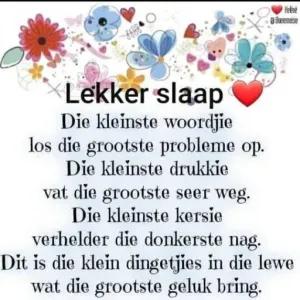 Lekker slaap Die kleinste woordjie los die grootste probleme op. Die kleinste drukkie vat die grootste seer weg. Die kleinste kersie verhelder die donkerste nag. Dit is die klein dingetjies in die lewe wat die grootste geluk bring. - getsticker.com