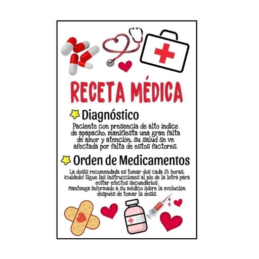 RECETA MÉDICA Diagnóstico Paciente con presencia de alto índice de apapacho, manifiesta una gran falta de amor y atención, su salud se ve afectada por falta de estos factores. Orden de Medicamentos La dosis recomendada es tomar dos cada 24 horas. ¡cuidado! Sigue las instrucciones al pie de la letra para evitar efectos secundarios. Mantenga informado a su médico sobre la evolución después de tomar la dosis.
