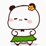 The picture shows a cute panda in a green skirt, dancing happily.