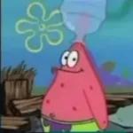 This is an image of Patrick Star from the cartoon Spongebob Squarepants. He is wearing a water cooler on his head and has a surprised expression on his face.
