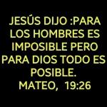 JESÚS DIJO PARA
LOS HOMBRES ES
IMPOSIBLE PERO
PARA DIOS TODO ES
POSIBLE,
MATEO, 19:26