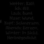 Wetter: Kalt.
Ich: Alt.
Laub: Bunt.
Nase: Wund.
Kopf: Schmerzen.
Abends: Kerzen.
Winter: In Sicht.
Herbstgedicht.